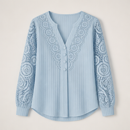 Ivory Lace Patchwork Top | Crochet V-Neck Long Sleeve Blouse - Pearl Button Detail Sky Blue