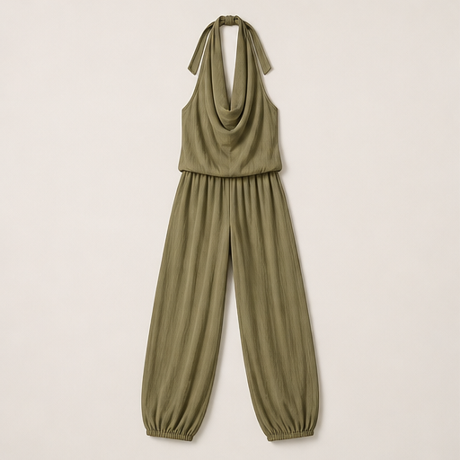 Beige Halter Neck Jumpsuit | Wide Leg Draped Style - Linen Blend Summer Playsuit Olive