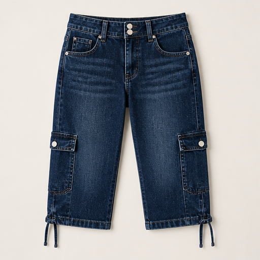 Dark Blue Capri Cargo Jeans | Women's Cropped Denim Trousers - Adjustable Hem, Straight Leg Dark Blue