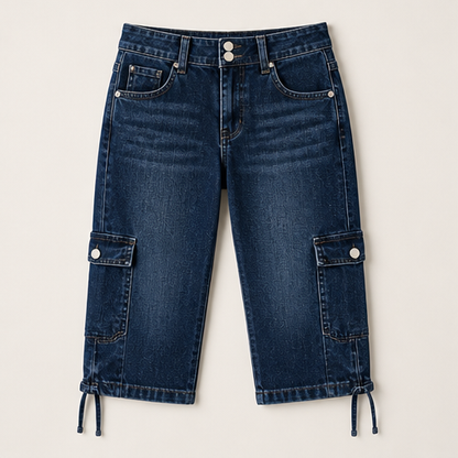 Dark Blue Capri Cargo Jeans | Women's Cropped Denim Trousers - Adjustable Hem, Straight Leg Dark Blue