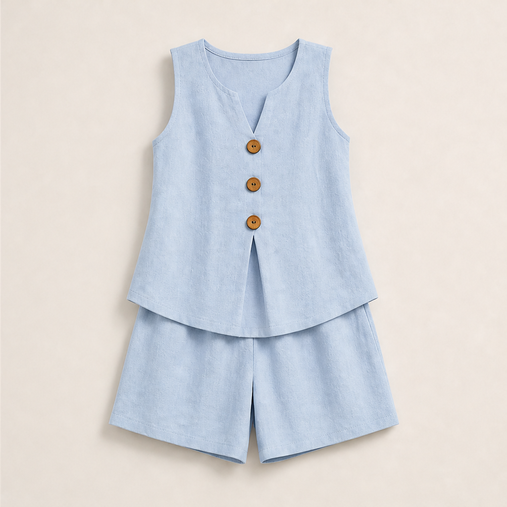 Beige Linen Two-Piece Shorts Set | Sleeveless Button Top & Shorts - Women's Summer Matching Set Powder Blue