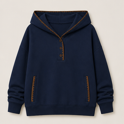 Cream Hooded Tunic Sweatshirt | Oversized Scalloped Trim Hoodie - Half-Button V-Neck with Side Pockets Navy