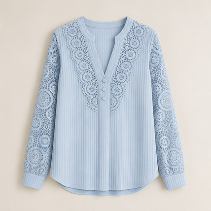 Cream Lace V-Neck Top | Crochet Sleeve Blouse for Women - Long Sleeve Pintuck Top Powder Blue