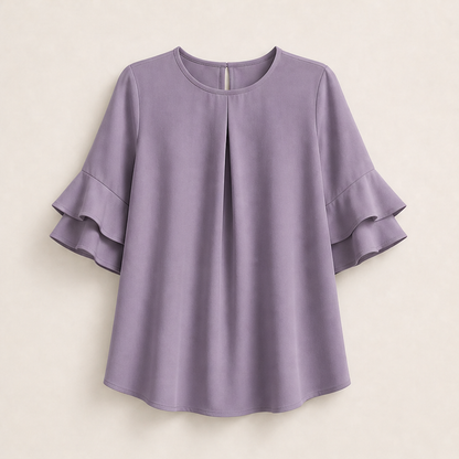 Light Blue Ruffle Sleeve Blouse | Tiered Bell Sleeve Top for Women - Round Neck with Front Pleat Lavender
