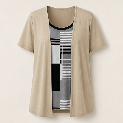 Black Fake Two Piece Top | Colour-Block Layered Look Blouse - Short Sleeve Cardigan Style Beige