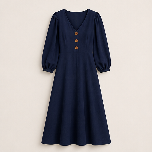 Mustard V-Neck Maxi Dress | Casual Puff Sleeve Long Dress - Linen-Blend with Pockets Navy