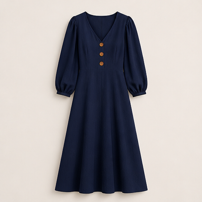 Mustard V-Neck Maxi Dress | Casual Puff Sleeve Long Dress - Linen-Blend with Pockets Navy