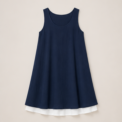 Grey Sleeveless Midi Dress | Fake 2-Piece Linen Blend A-Line - Mock Layered Hem with Pockets Navy