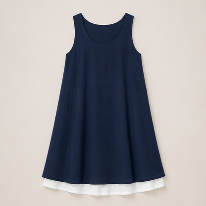 Grey Sleeveless Midi Dress | Fake 2-Piece Linen Blend A-Line - Mock Layered Hem with Pockets Navy