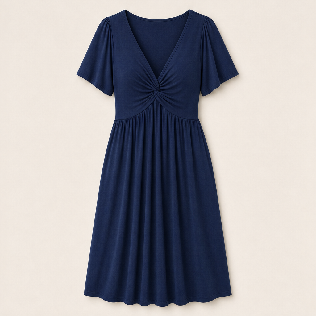 Purple Twist Front V-Neck Dress | Flutter Sleeve Midi with Hidden Pockets - Flowy Fit Navy