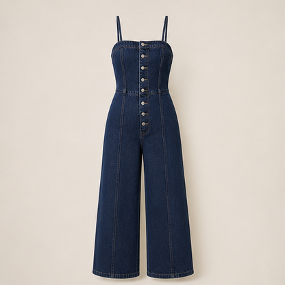 Denim Wide Leg Jumpsuit | Spaghetti Strap Button-Front Style - High Waist for Women Dark Denim