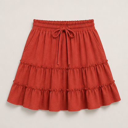 Rust Tiered Skort | Flowy Ruffle Mini Skirt with Built-In Shorts - Pockets & Drawstring Waist Rust