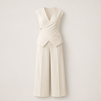 White Wrap Top Two-Piece Set | V-Neck Wide Leg Trouser Set for Women - Button Detail Cream