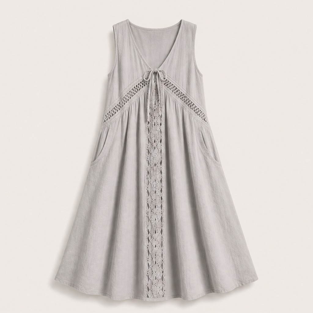Marisol Women's V-Neck Tie-Front Lace Trim Midi Dress with Hidden Side Pockets - Sleeveless A-Line Summer Dress Grey