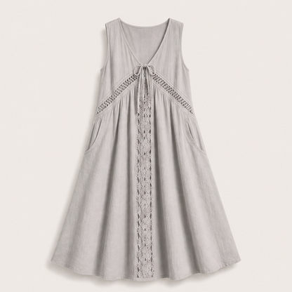 Marisol Women's V-Neck Tie-Front Lace Trim Midi Dress with Hidden Side Pockets - Sleeveless A-Line Summer Dress Grey