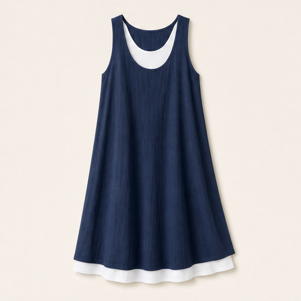 Chambray Blue Layered Tank Dress | Fake Two Piece Sleeveless Summer Dress - Loose Fit Cotton Linen Navy