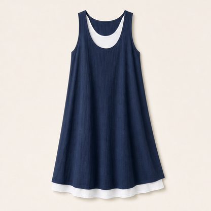 Chambray Blue Layered Tank Dress | Fake Two Piece Sleeveless Summer Dress - Loose Fit Cotton Linen Navy