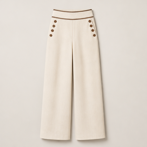 Ecru Wide-Leg Trousers | High-Waisted Tailored Trousers for Women - Contrast Trim with Button Detail Ecru