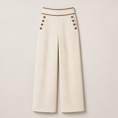 Ecru Wide-Leg Trousers | High-Waisted Tailored Trousers for Women - Contrast Trim with Button Detail Ecru