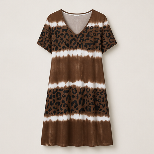 Blue Tie-Dye Leopard Print V-Neck Dress | Casual Shift Dress for Women - Short Sleeve Midi Brown