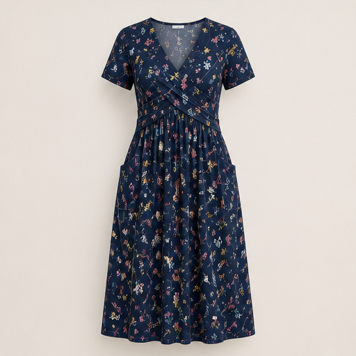 Floral Print Midi Dress | V-Neck Wrap Front with Pockets - Flattering Waist Tie Sundress Navy Floral
