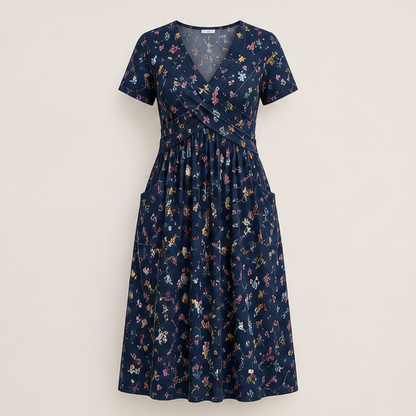 Floral Print Midi Dress | V-Neck Wrap Front with Pockets - Flattering Waist Tie Sundress Navy Floral