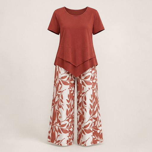 Blue Layered Tunic Top and Wide Leg Trouser Set | Round Neck Two-Piece Outfit for Women Rust