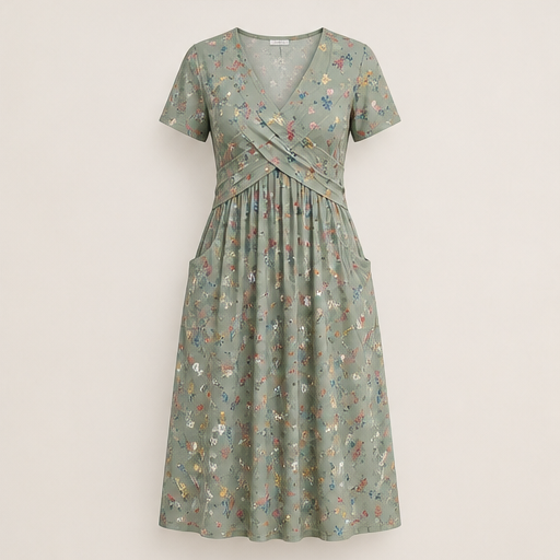 Floral Print Midi Dress | V-Neck Wrap Front with Pockets - Flattering Waist Tie Sundress Sage Green Floral