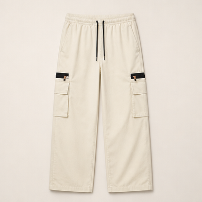 Khaki Cargo Trousers | Relaxed Fit Stretch Utility Pants - Women's Wide Leg with Pockets Cream