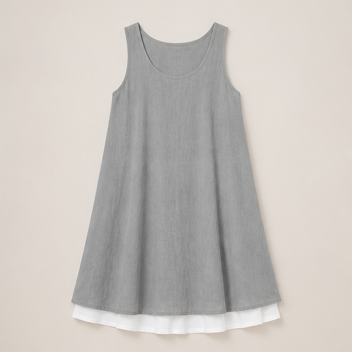 Grey Sleeveless Midi Dress | Fake 2-Piece Linen Blend A-Line - Mock Layered Hem with Pockets Grey