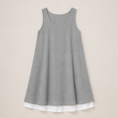 Grey Sleeveless Midi Dress | Fake 2-Piece Linen Blend A-Line - Mock Layered Hem with Pockets Grey