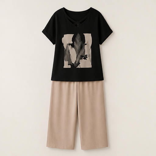 Beige Cropped Trouser & Top Set | Casual Two-Piece Outfit for Women - V-Neck Tee with Wide-Leg Culottes Black/Beige