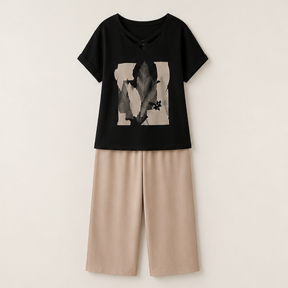 Beige Cropped Trouser & Top Set | Casual Two-Piece Outfit for Women - V-Neck Tee with Wide-Leg Culottes Black/Beige
