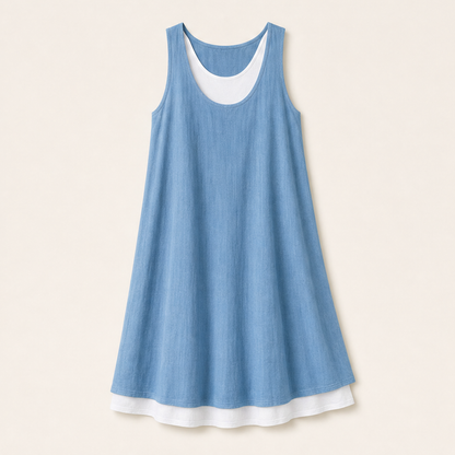 Chambray Blue Layered Tank Dress | Fake Two Piece Sleeveless Summer Dress - Loose Fit Cotton Linen Chambray Blue