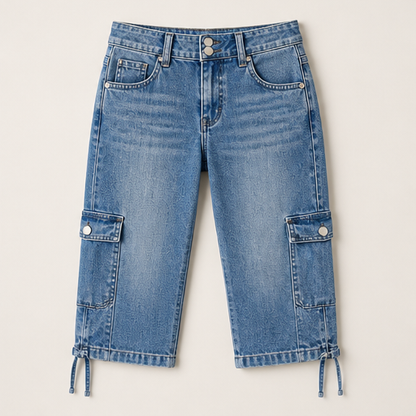 Dark Blue Capri Cargo Jeans | Women's Cropped Denim Trousers - Adjustable Hem, Straight Leg Light Blue