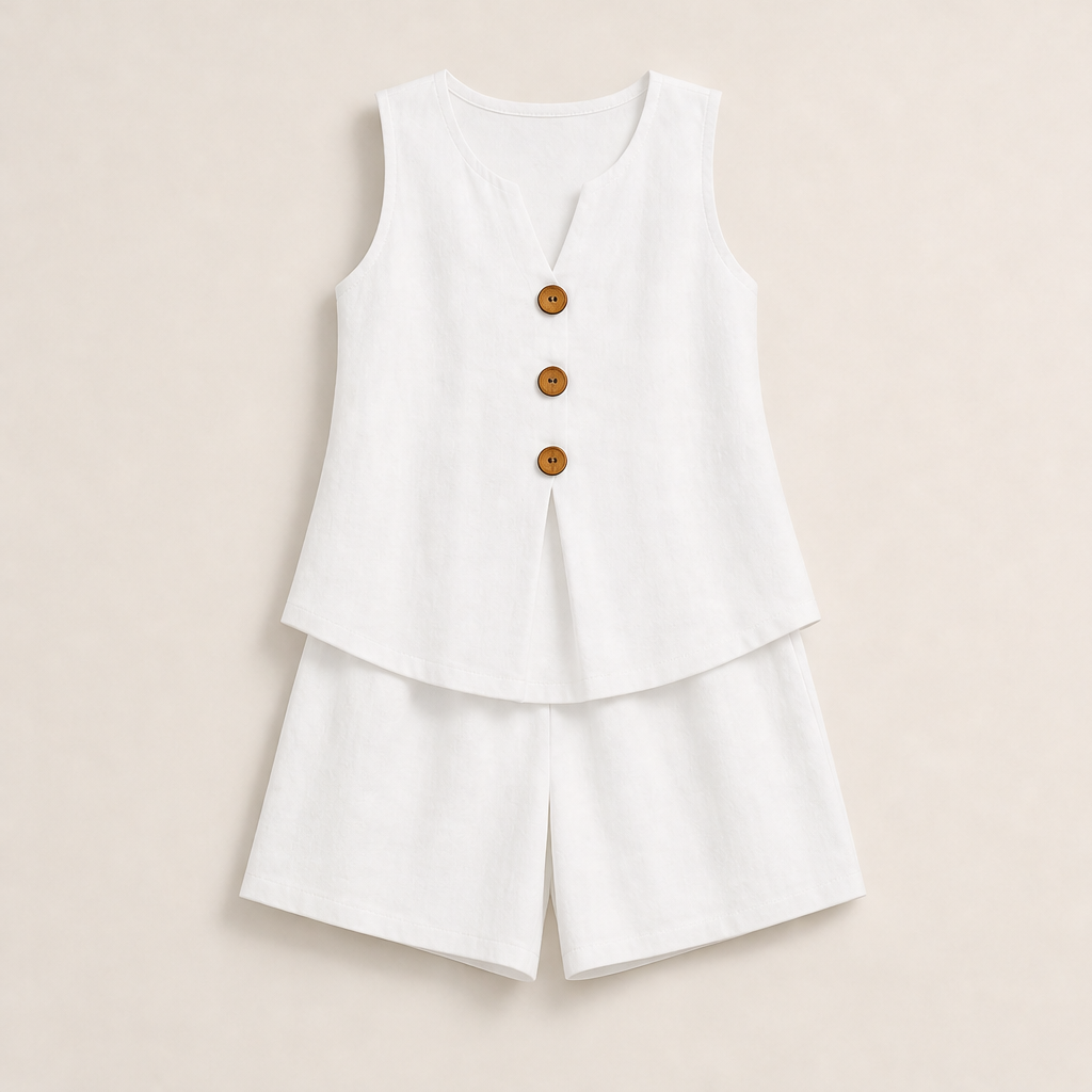 Beige Linen Two-Piece Shorts Set | Sleeveless Button Top & Shorts - Women's Summer Matching Set White