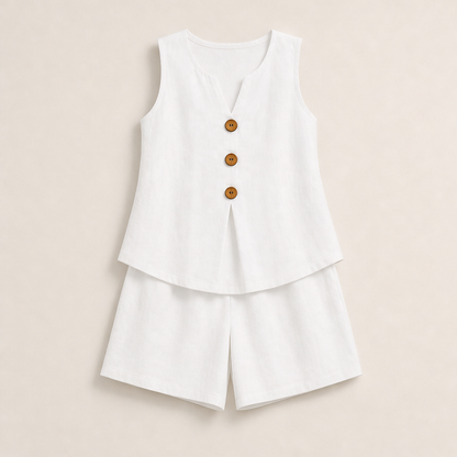 Beige Linen Two-Piece Shorts Set | Sleeveless Button Top & Shorts - Women's Summer Matching Set White