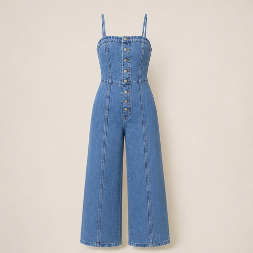 Denim Wide Leg Jumpsuit | Spaghetti Strap Button-Front Style - High Waist for Women Light Denim