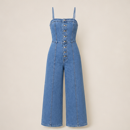 Denim Wide Leg Jumpsuit | Spaghetti Strap Button-Front Style - High Waist for Women Light Denim