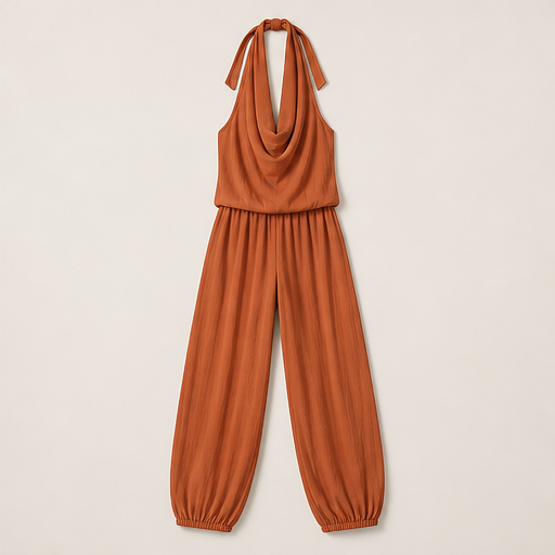 Beige Halter Neck Jumpsuit | Wide Leg Draped Style - Linen Blend Summer Playsuit Rust