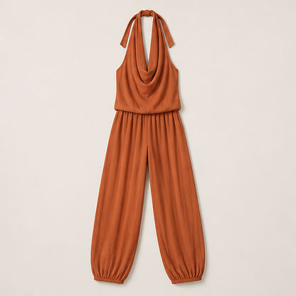 Beige Halter Neck Jumpsuit | Wide Leg Draped Style - Linen Blend Summer Playsuit Rust