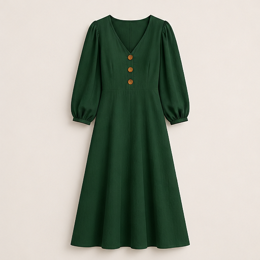 Mustard V-Neck Maxi Dress | Casual Puff Sleeve Long Dress - Linen-Blend with Pockets Bottle Green