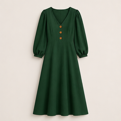 Mustard V-Neck Maxi Dress | Casual Puff Sleeve Long Dress - Linen-Blend with Pockets Bottle Green