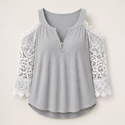 Burgundy Cold Shoulder Lace Top | Zip Front Blouse for Women - Ribbed Knit with Floral Lace Sleeves Grey