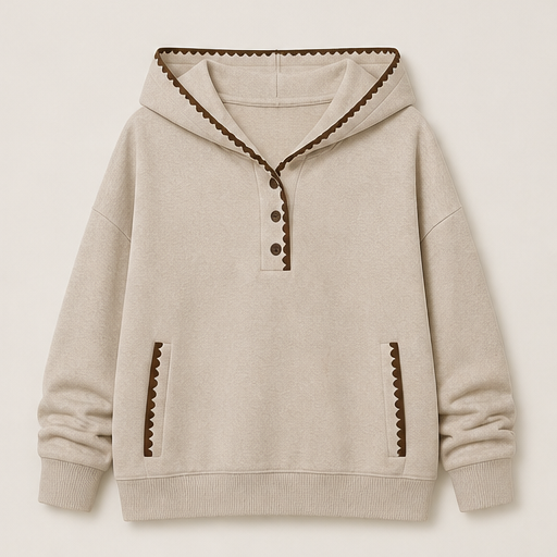 Cream Hooded Tunic Sweatshirt | Oversized Scalloped Trim Hoodie - Half-Button V-Neck with Side Pockets Beige