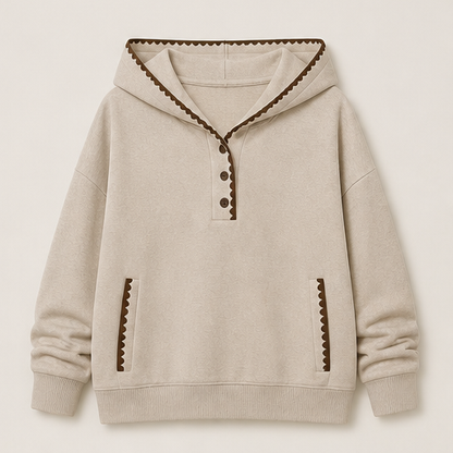 Cream Hooded Tunic Sweatshirt | Oversized Scalloped Trim Hoodie - Half-Button V-Neck with Side Pockets Beige