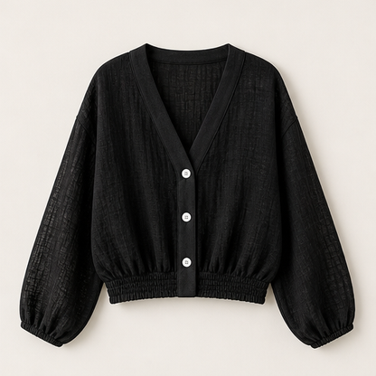 White Sheer Sun Protection Shirt | Lightweight V-Neck Cover-Up - Lantern Sleeve Cropped Jacket Black