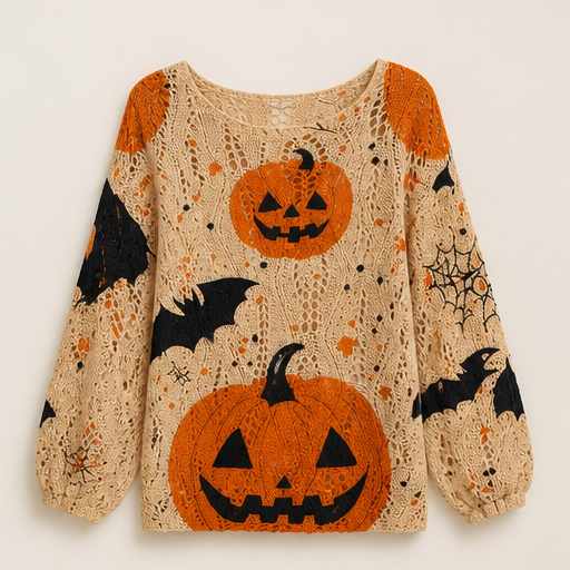 Black Pumpkin Print Sweater | Halloween Crochet Cutout Knit Top - Oversized Long Sleeve for Women Khaki