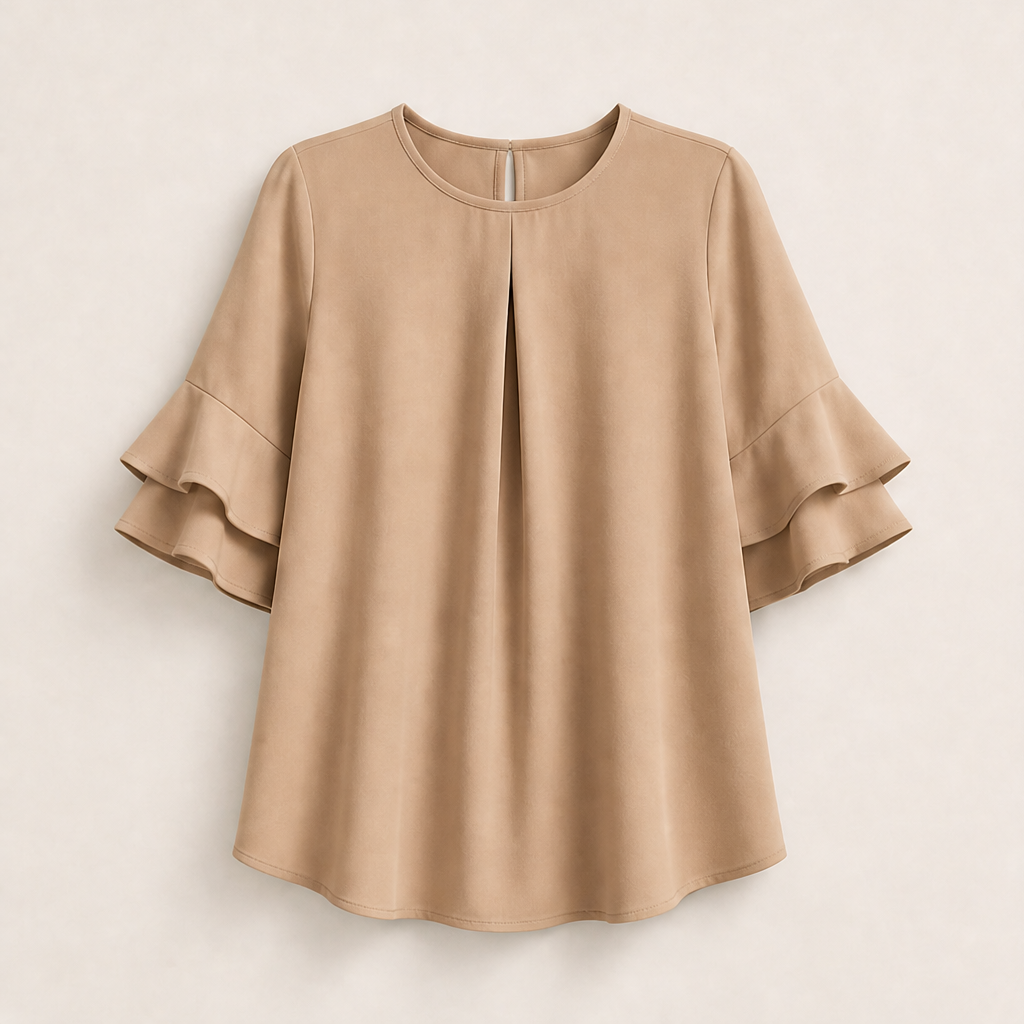 Light Blue Ruffle Sleeve Blouse | Tiered Bell Sleeve Top for Women - Round Neck with Front Pleat Camel