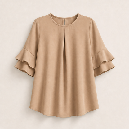 Light Blue Ruffle Sleeve Blouse | Tiered Bell Sleeve Top for Women - Round Neck with Front Pleat Camel